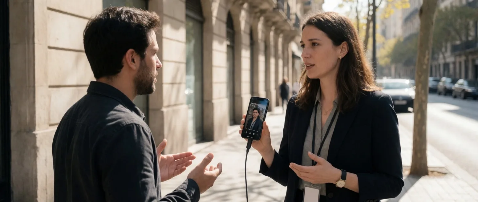 Periodista grabando entrevista a pie de calle con smartphone