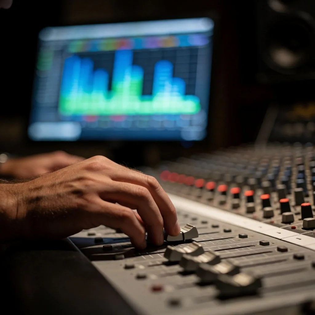 Consola de producción con pantalla mostrando niveles de audio