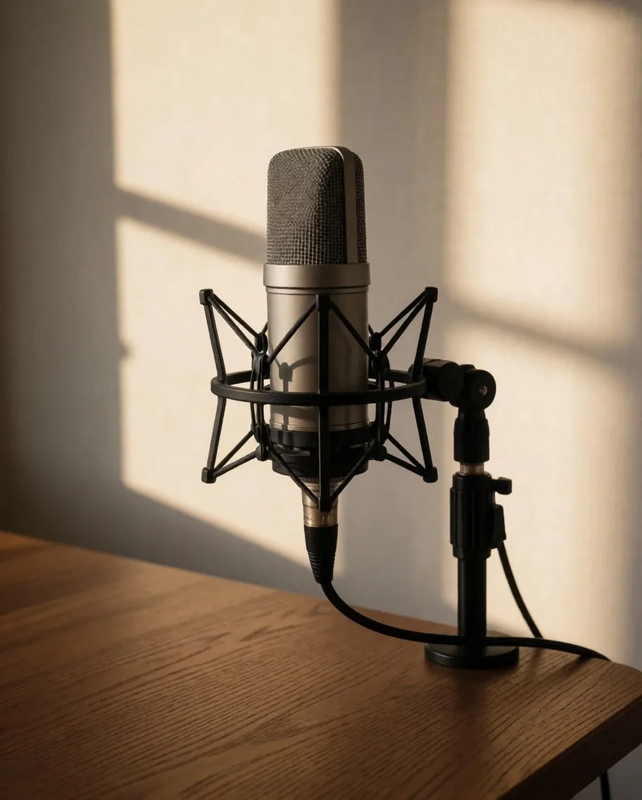 Micrófono de podcast en soporte sobre escritorio de madera en el estudio de PodSync