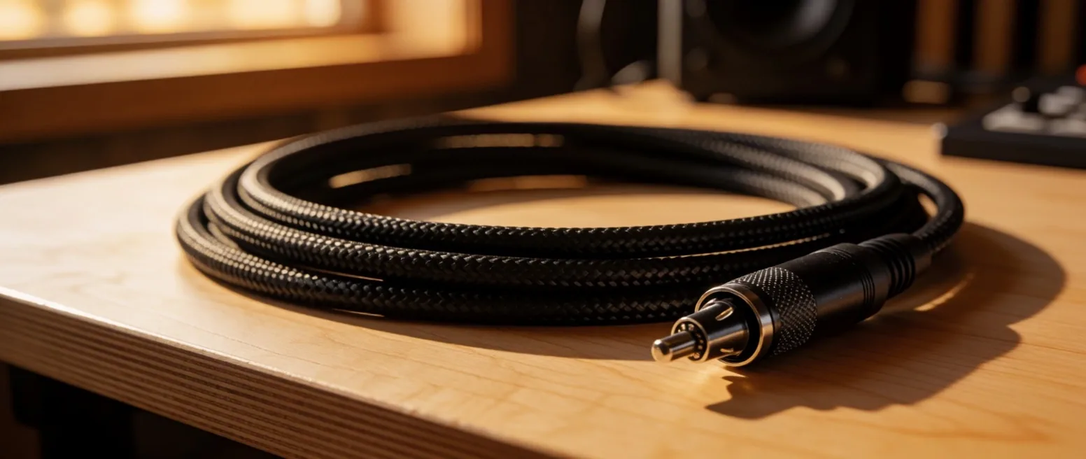 Cable XLR enrollado sobre superficie de madera