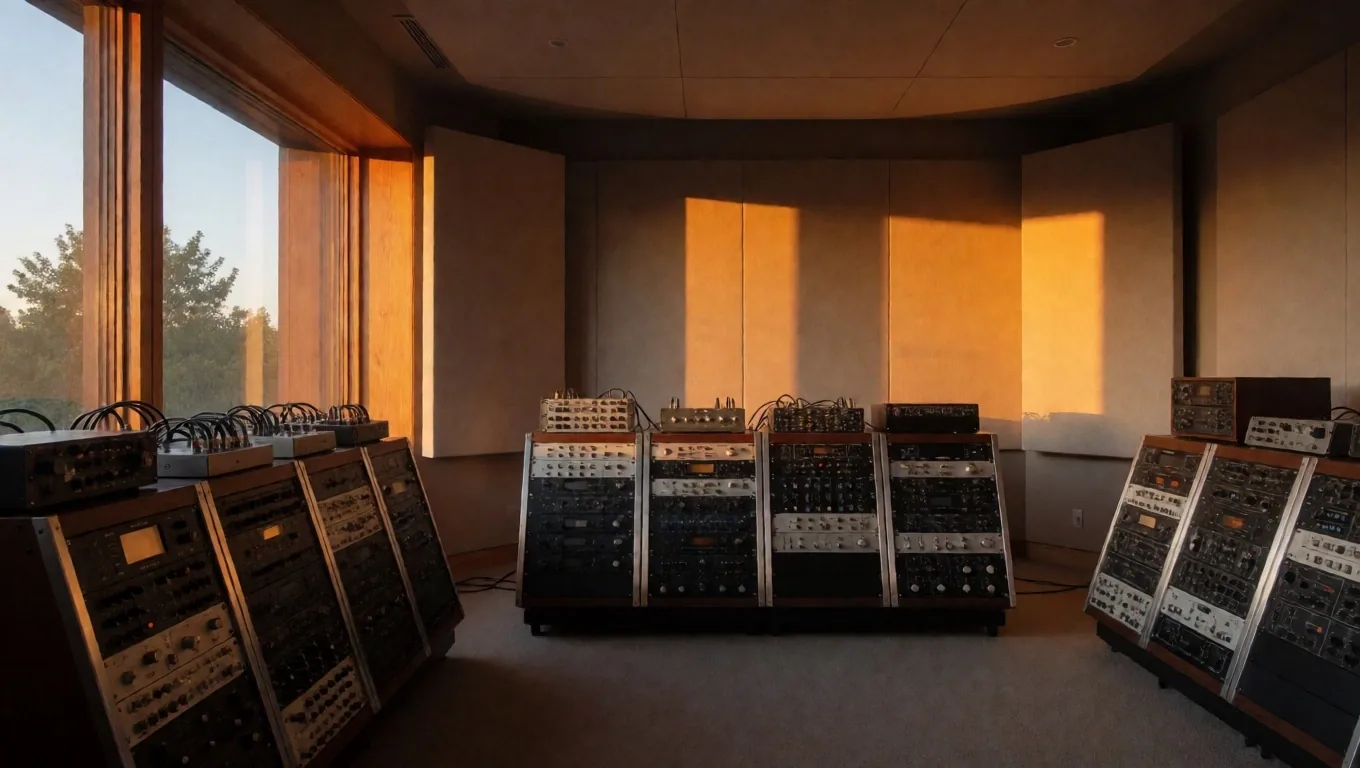 Interior de estudio de grabación en Madrid con luz de tarde y consola de monitor