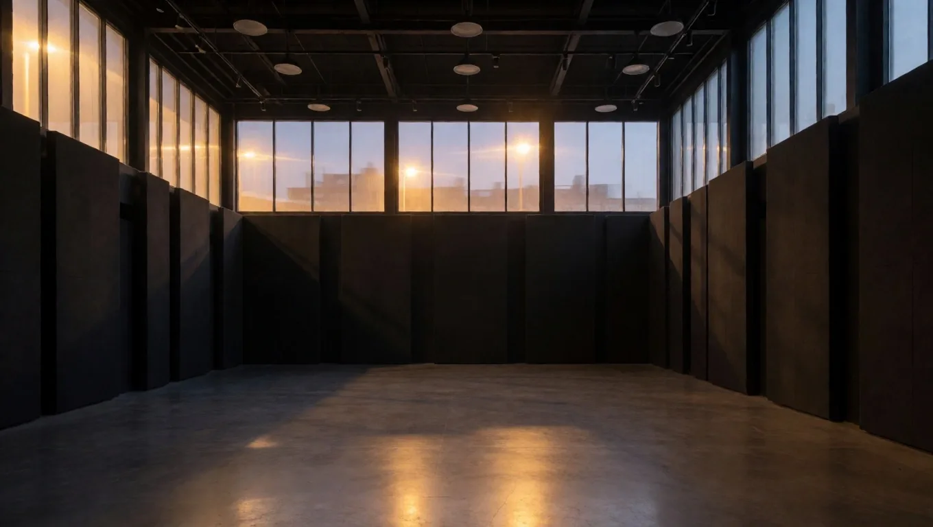 Estudio de grabación de podcast en penumbra con luz de tarde y monitores encendidos