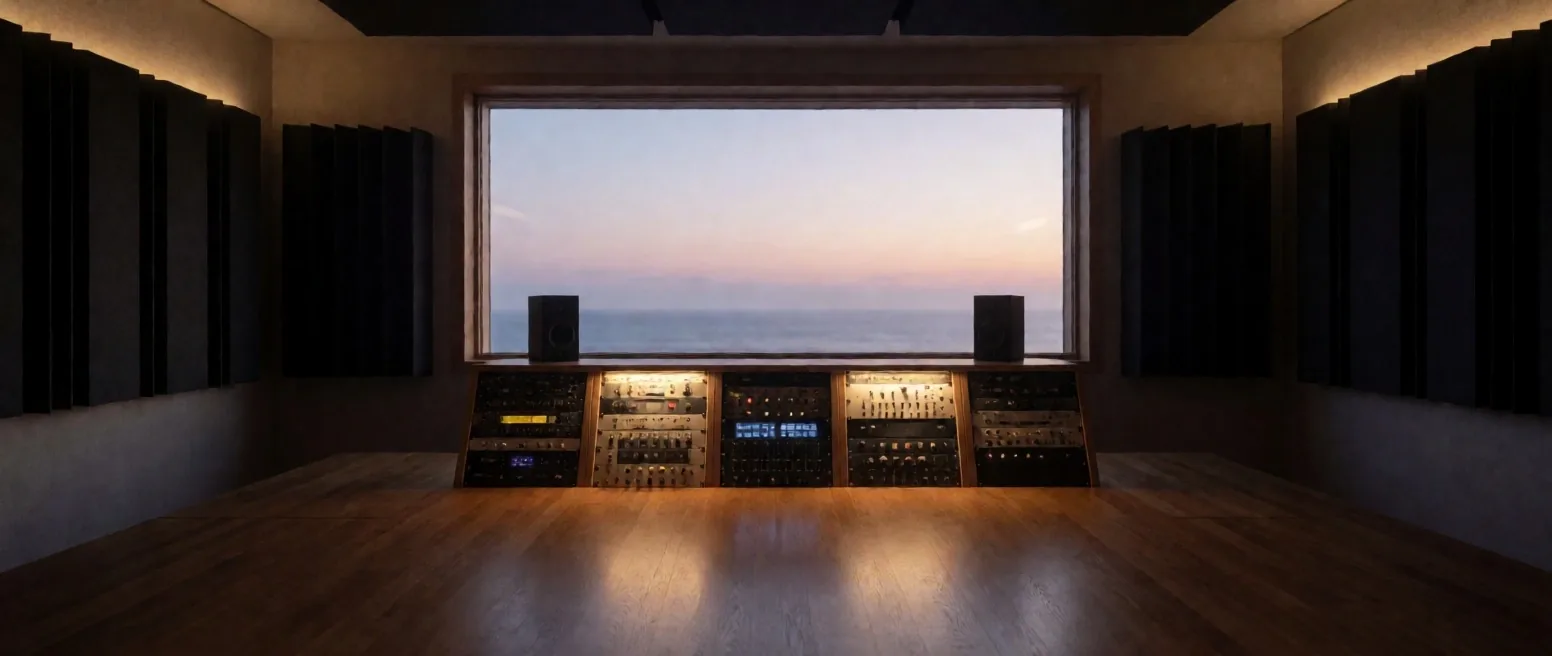 Sala de control de estudio de grabación al final del día con monitores encendidos