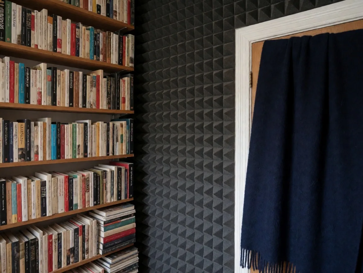 Esquina de grabación casera con paneles de espuma y librería